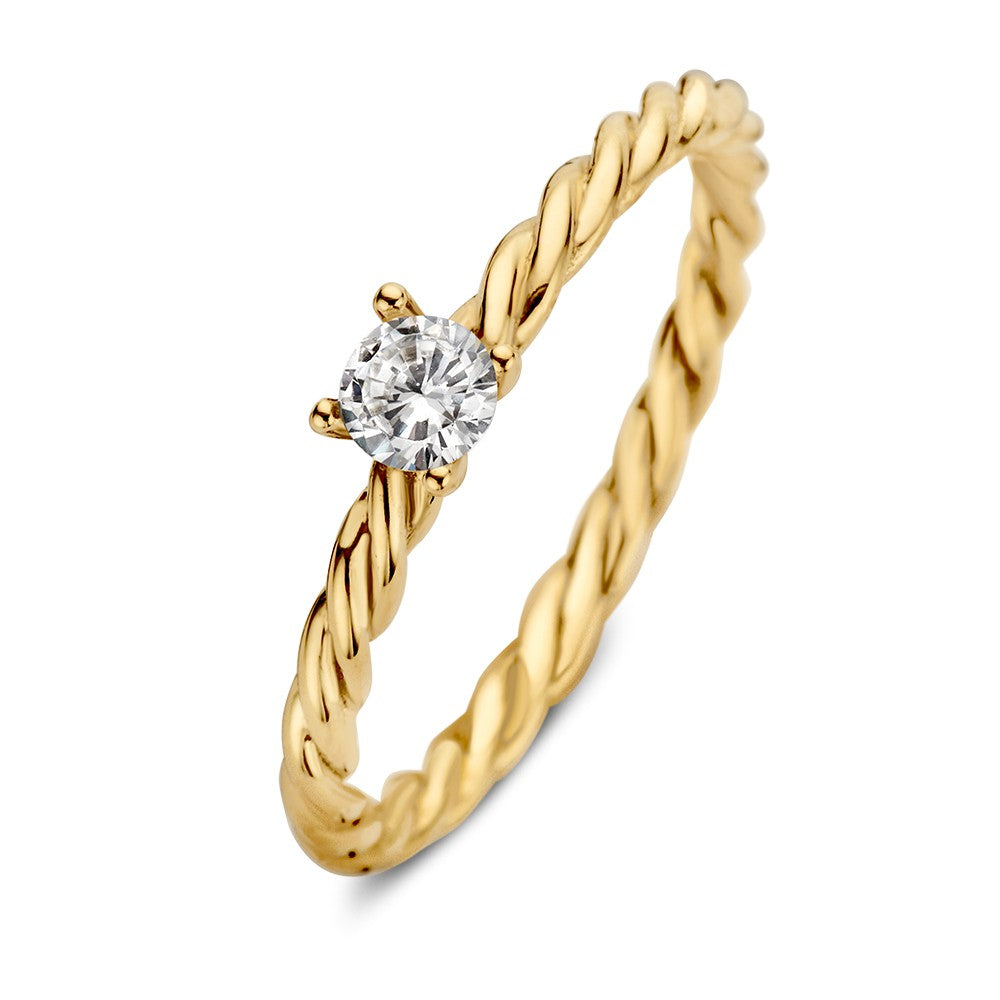 Anello d'oro con bandina attorcigliata e zircone, design semplice e raffinato.