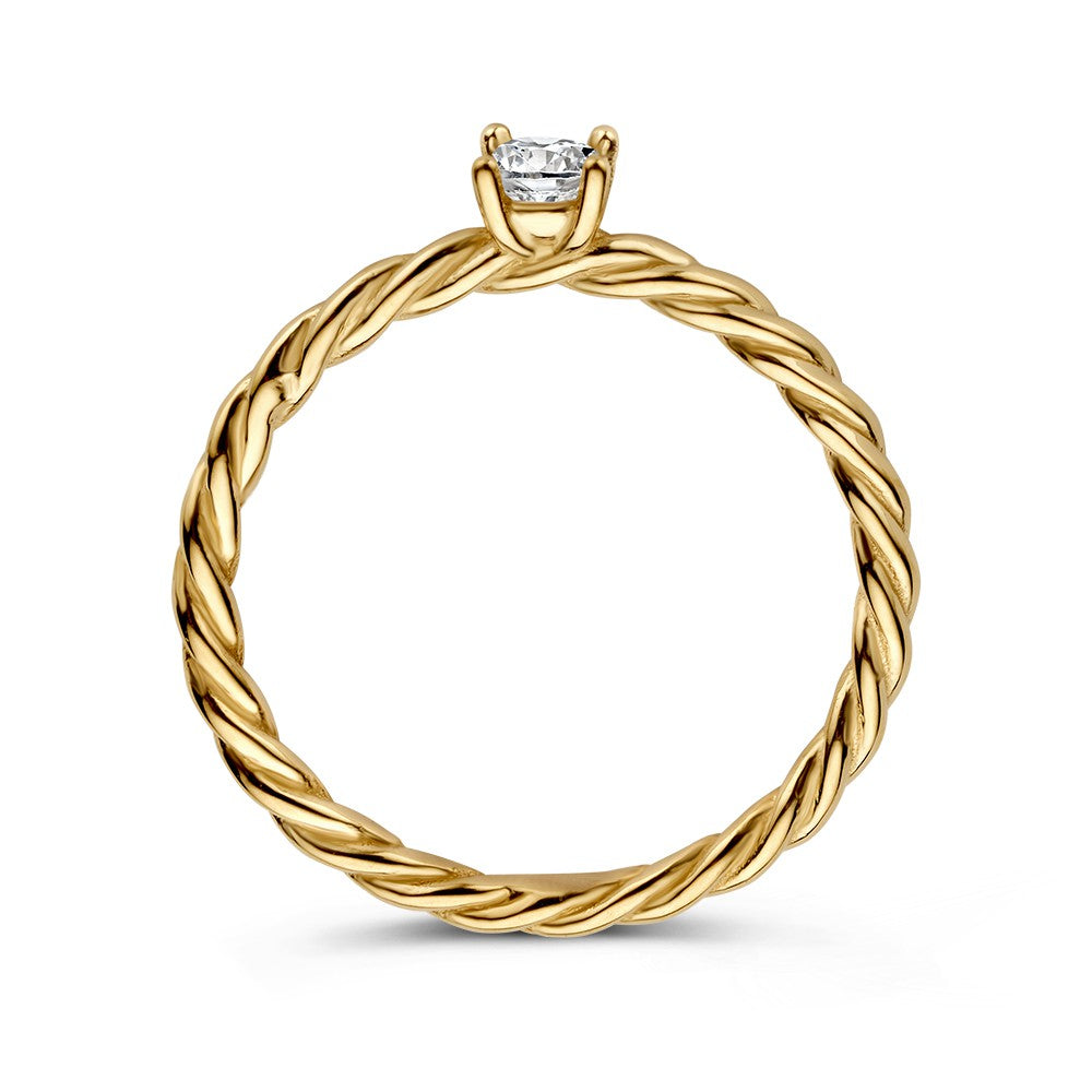 Anello solitario in oro con fascia ritorta e zircone – Eleganza senza tempo