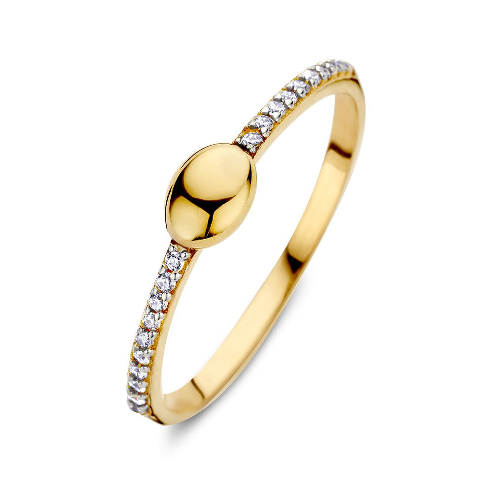 Anello in oro giallo con elemento ovale e zircone, design semplice e raffinato.