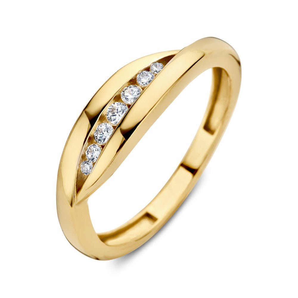 Anello in oro giallo con zircone, design elegante e linee curve.