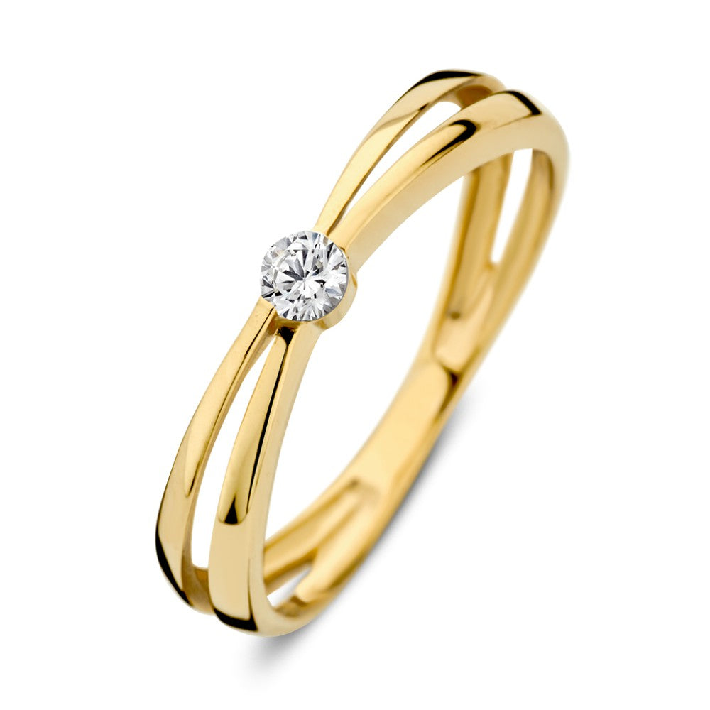 Anello in oro giallo 14K con zircone, design elegante e linee intrecciate.