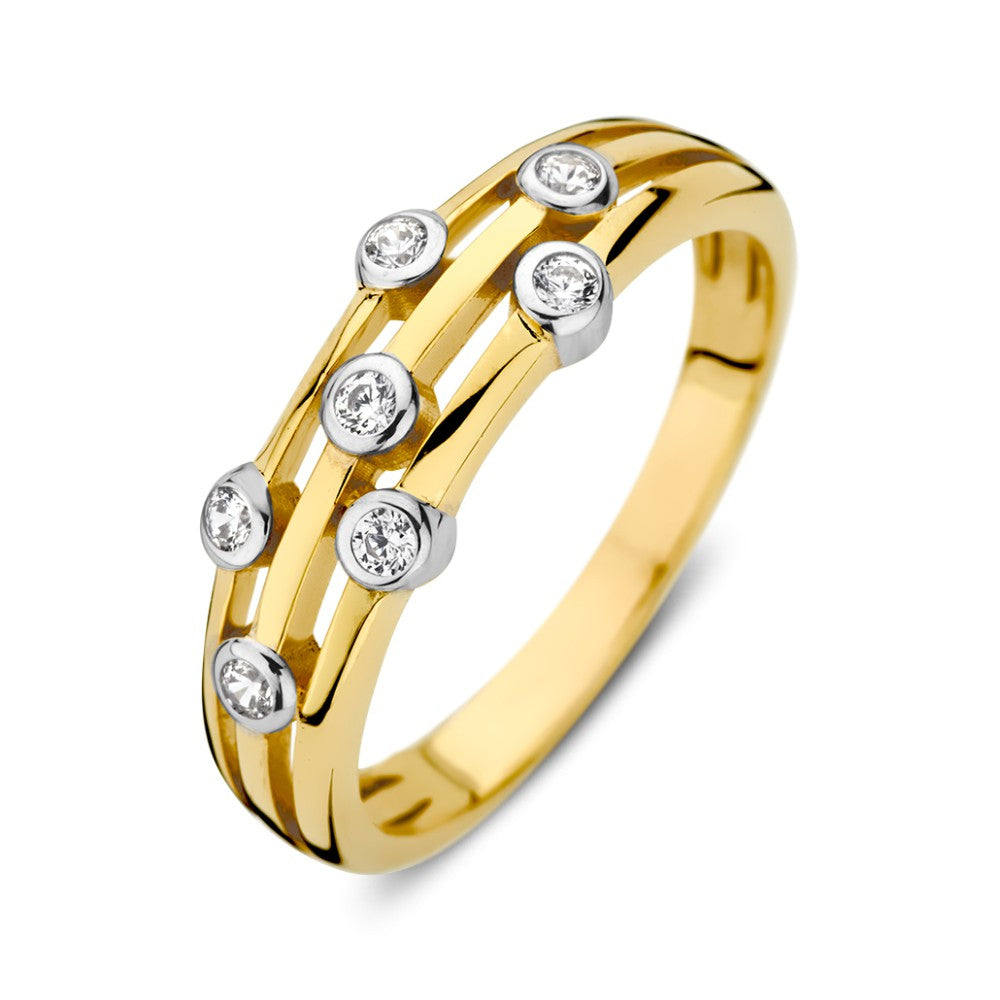 Anello in oro giallo 14K con zircone incastonate in una montatura rotonda, design elegante.