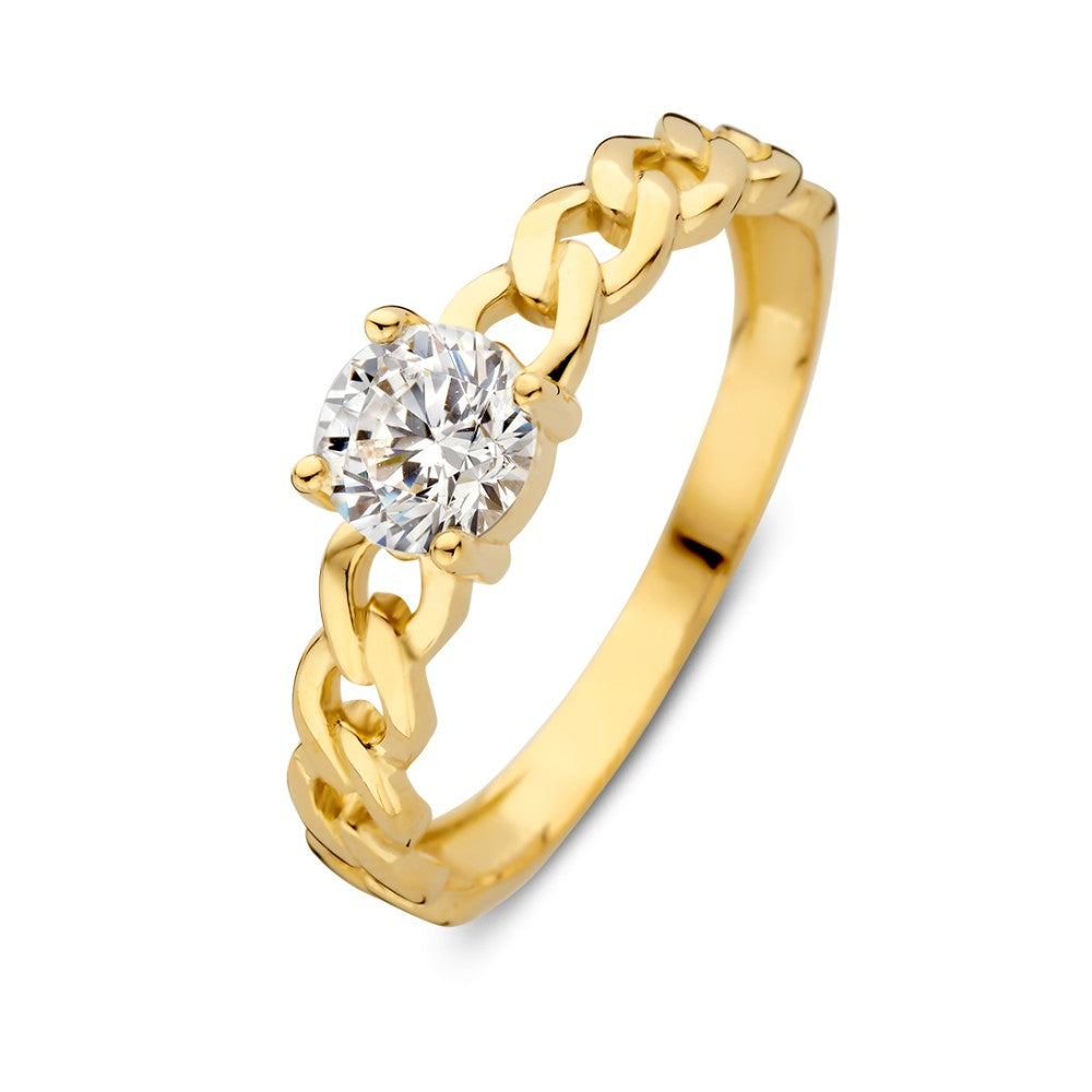 Anello solitario in oro con maglia rolò e zircone, design elegante e moderno.