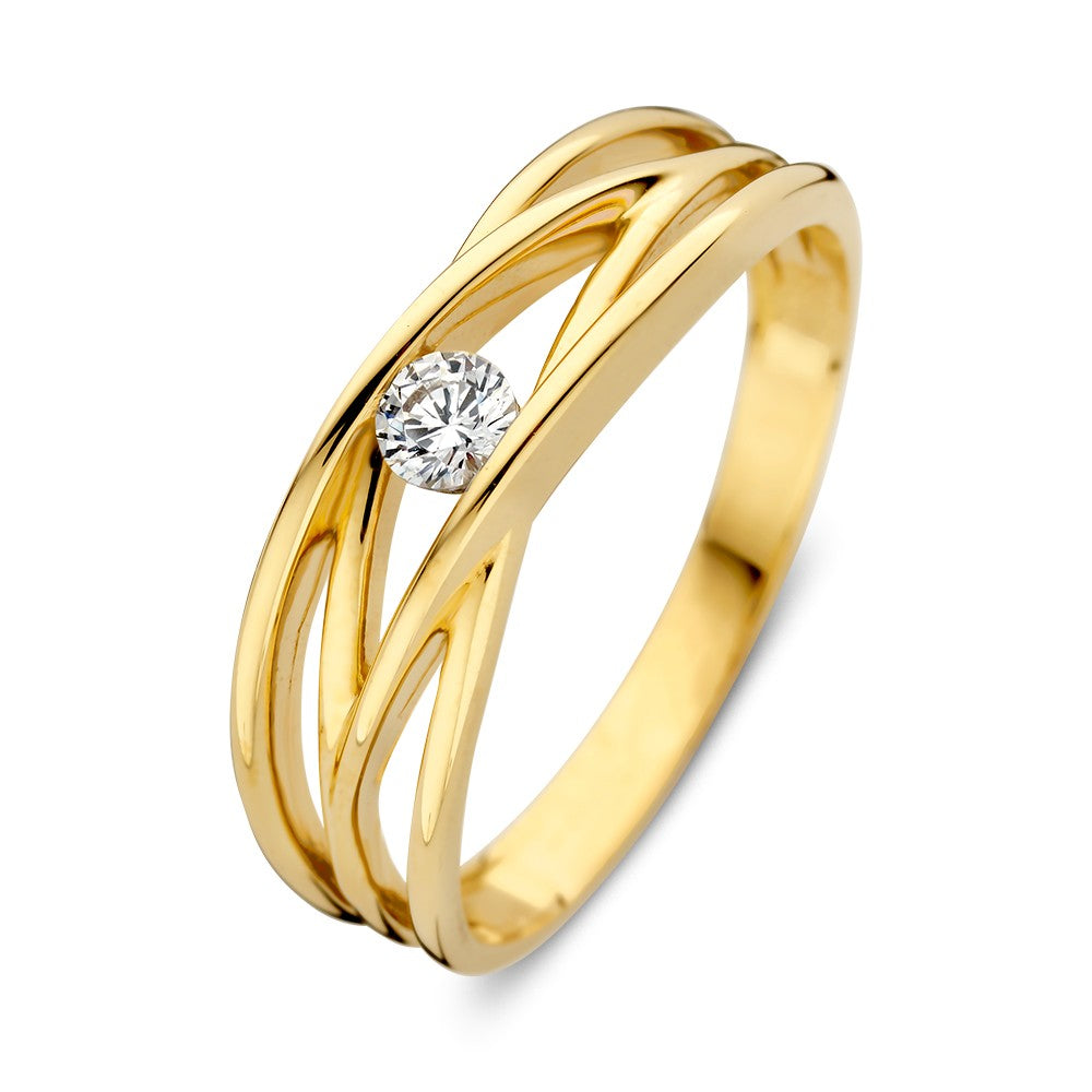 Anello in oro giallo elegante con bande incrociate e zirconia fine.