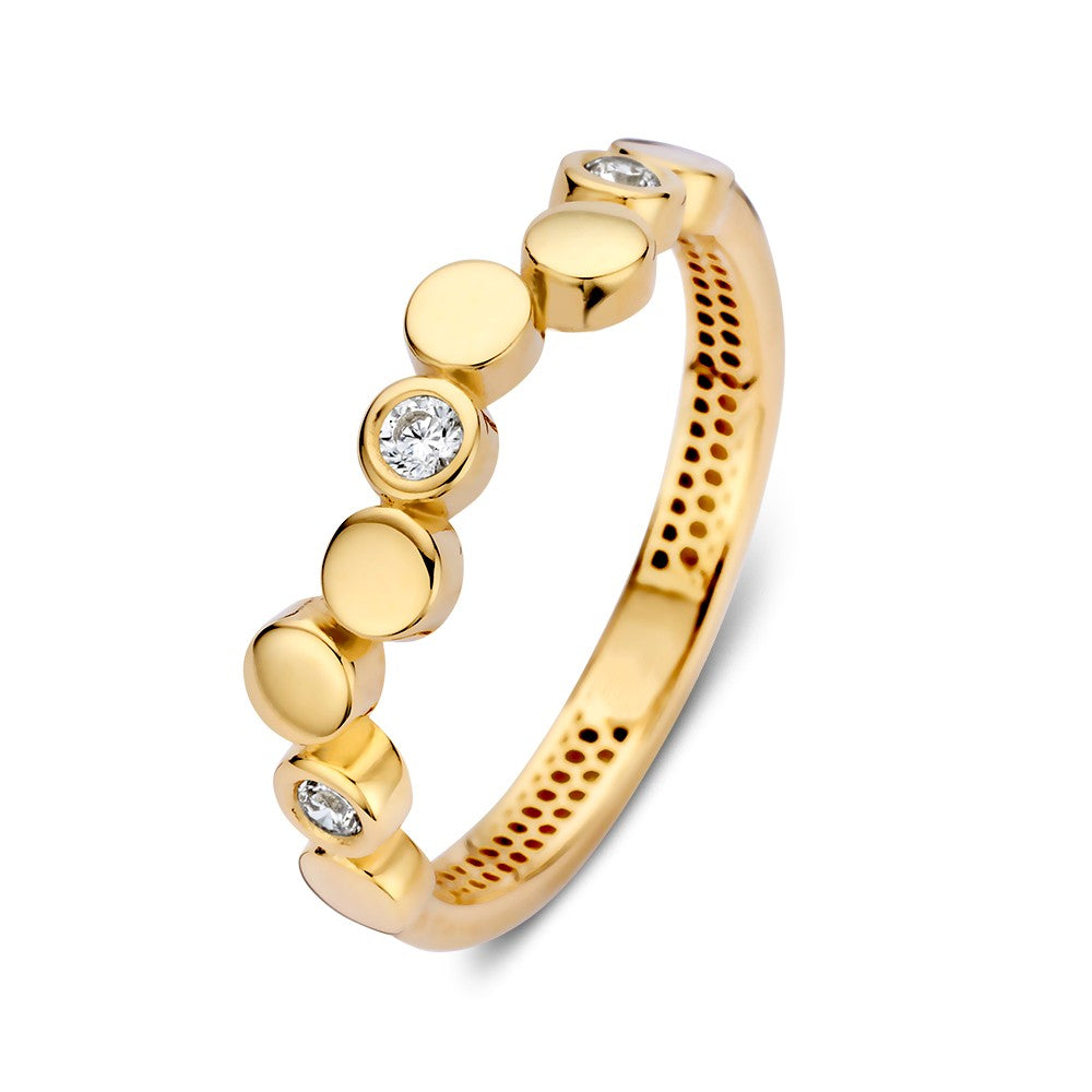 Anello in oro giallo con elementi rotondi e zirconi scintillanti.