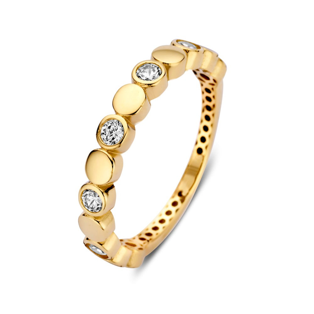 Anello in oro giallo con zirconi scintillanti e elementi rotondi.