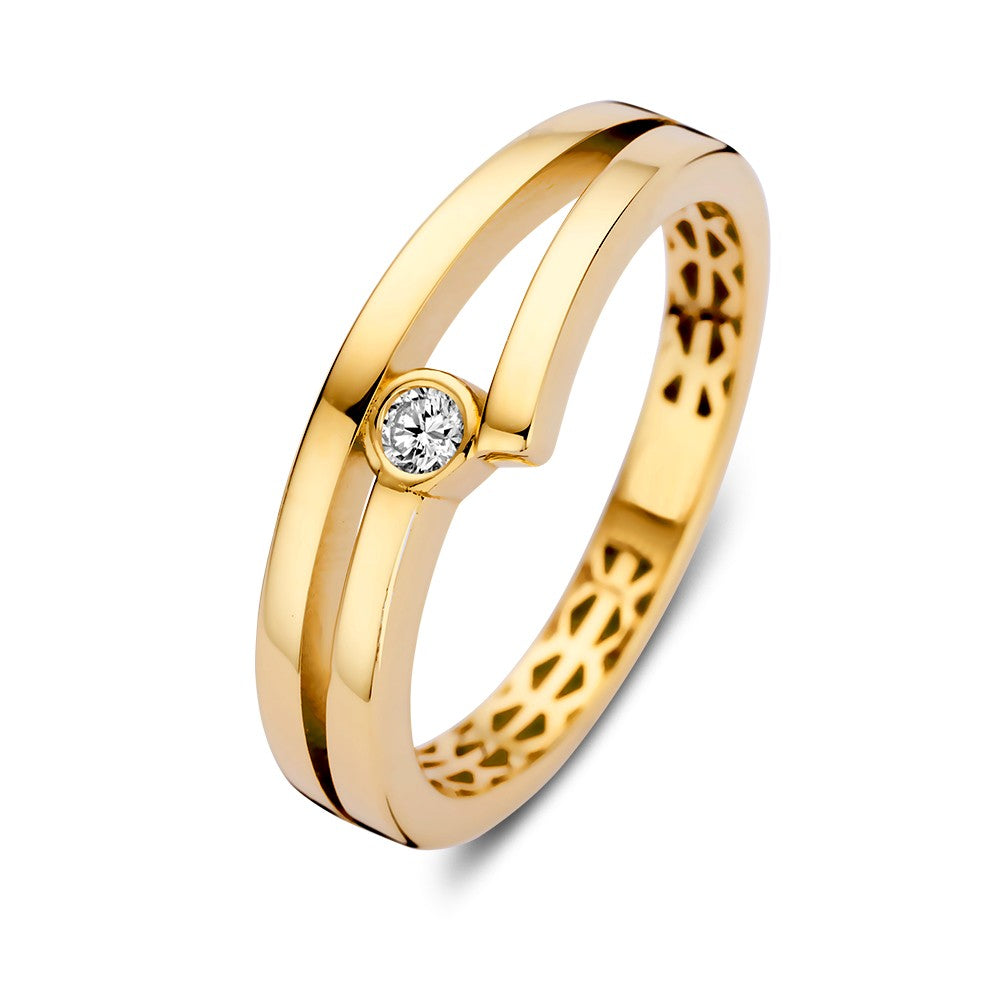 Anello in oro giallo con zircone, design elegante e senza tempo, finitura lucida.