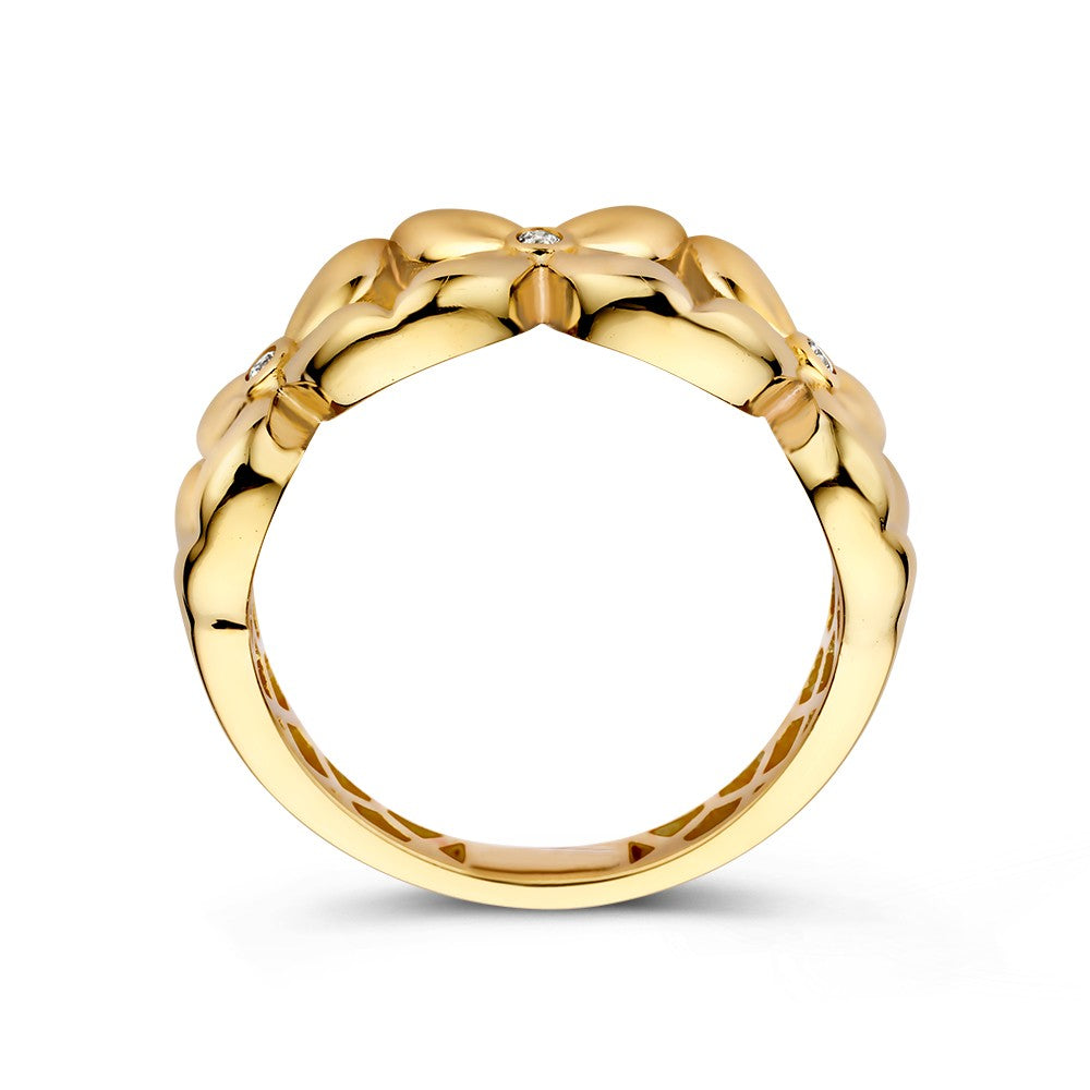 Anello Largo in Oro Giallo con Motivo Floreale e Cuore di Zirconia – Un Tocco Femminile