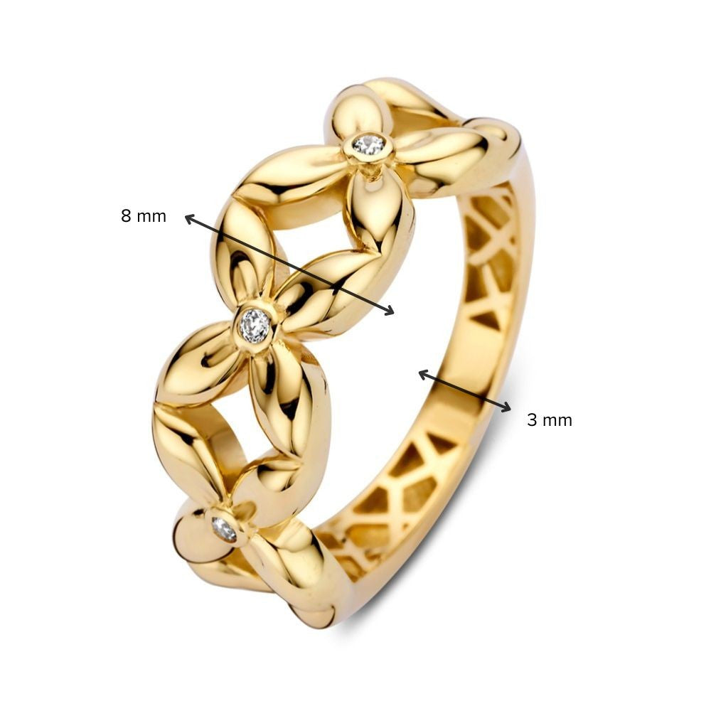 Anello Largo in Oro Giallo con Motivo Floreale e Cuore di Zirconia – Un Tocco Femminile