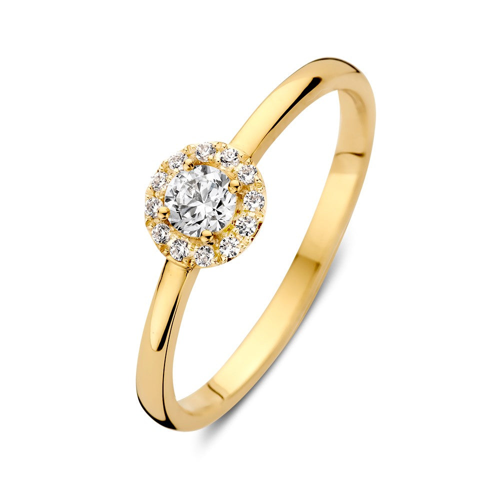 Anello in oro giallo 14 carati con zirconi, design elegante con pietra centrale circondata.