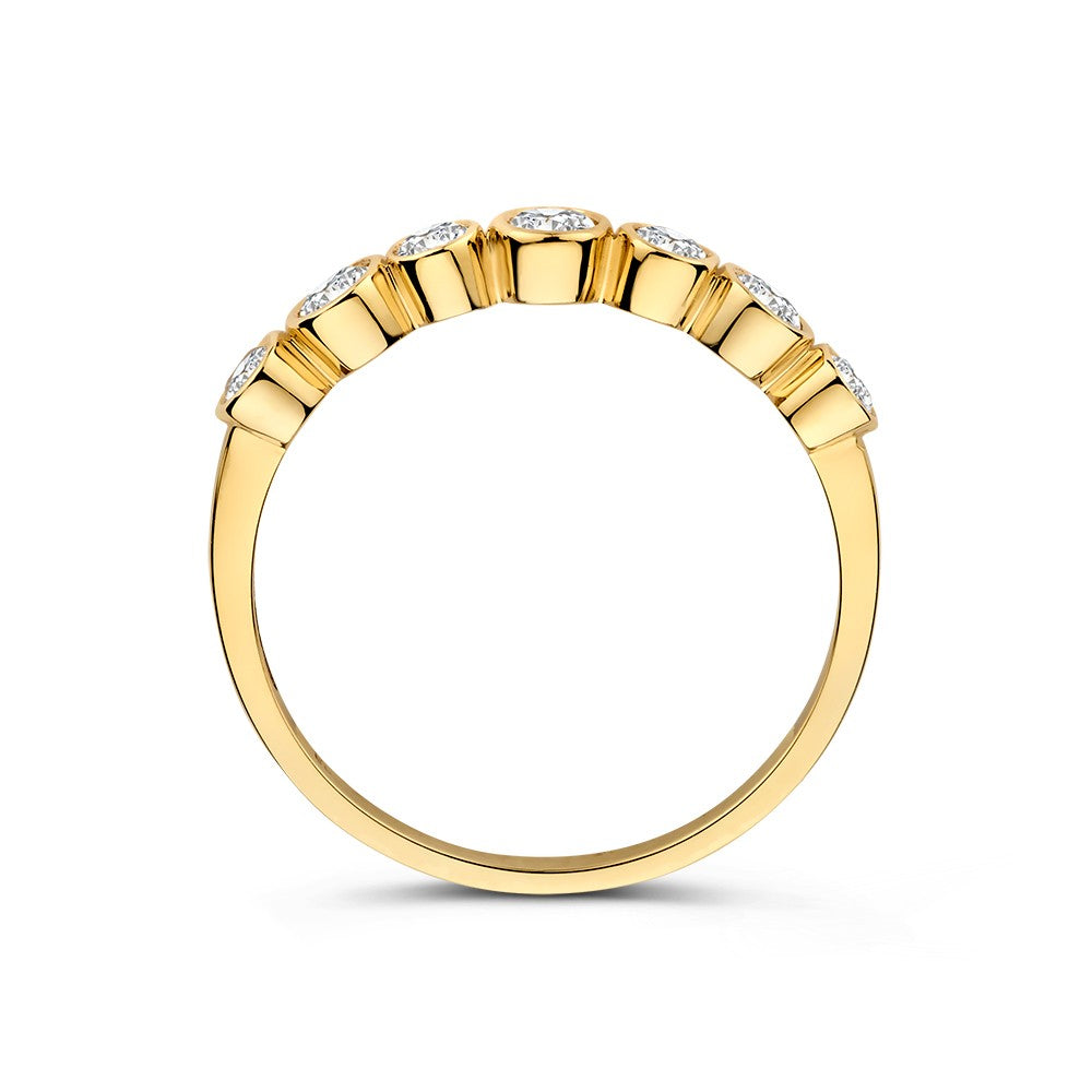 Elegante Anello a Fascia in Oro Giallo con Zirconi in Castoni Rotondi – Bellezza Senza Tempo in Oro 14 Carati