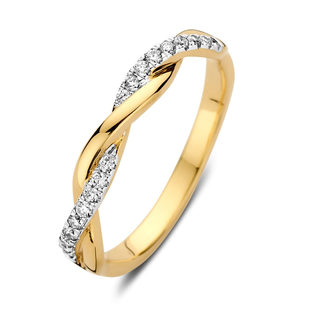 Anello in oro giallo con 0,15 ct di diamanti, design intrecciato.