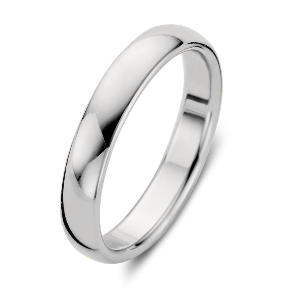 Witgouden ring van 4 mm breed met een gladde, glanzende afwerking.