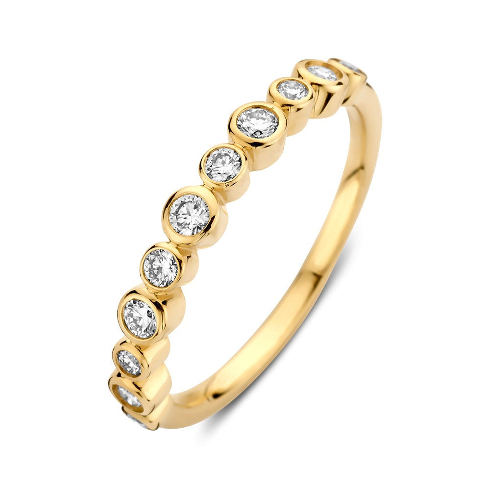 Anello in oro giallo con diamanti, caratterizzato da una serie di pietre circolari incastonate.