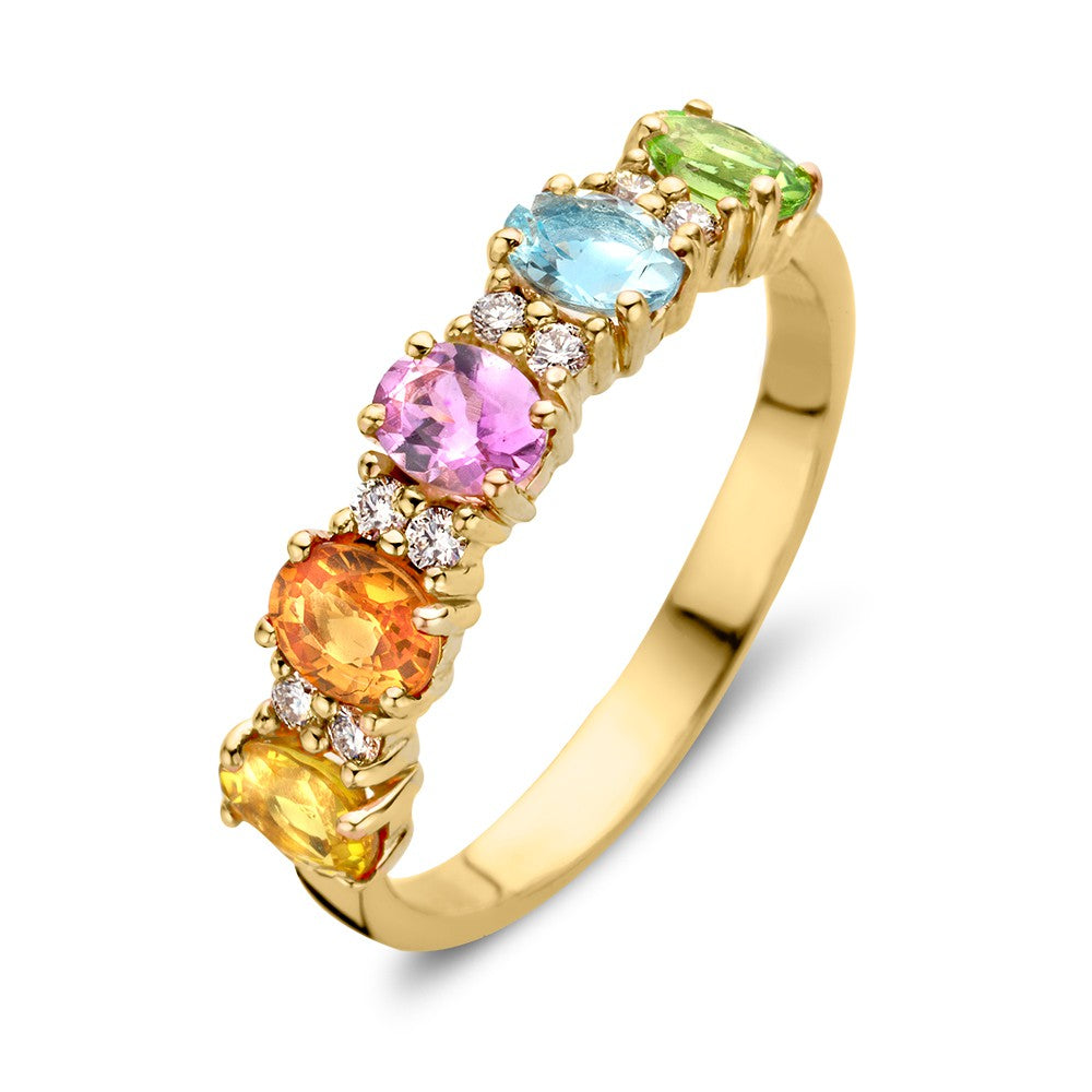 Anello in oro rosa 18kt con zaffiri arcobaleno e diamanti, design a cinque pietre.