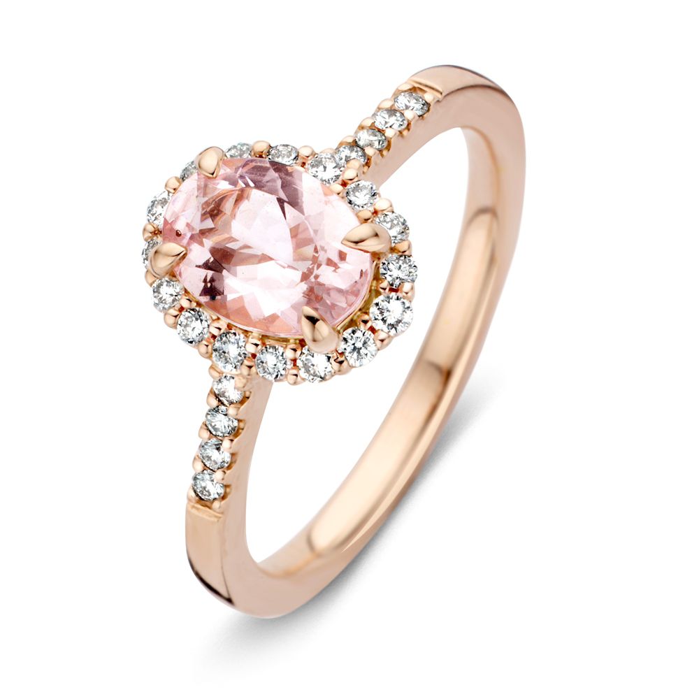 Anello in oro rosa 14 carati con morganite ovale da 1,28 carati e diamanti da 0,27 carati.