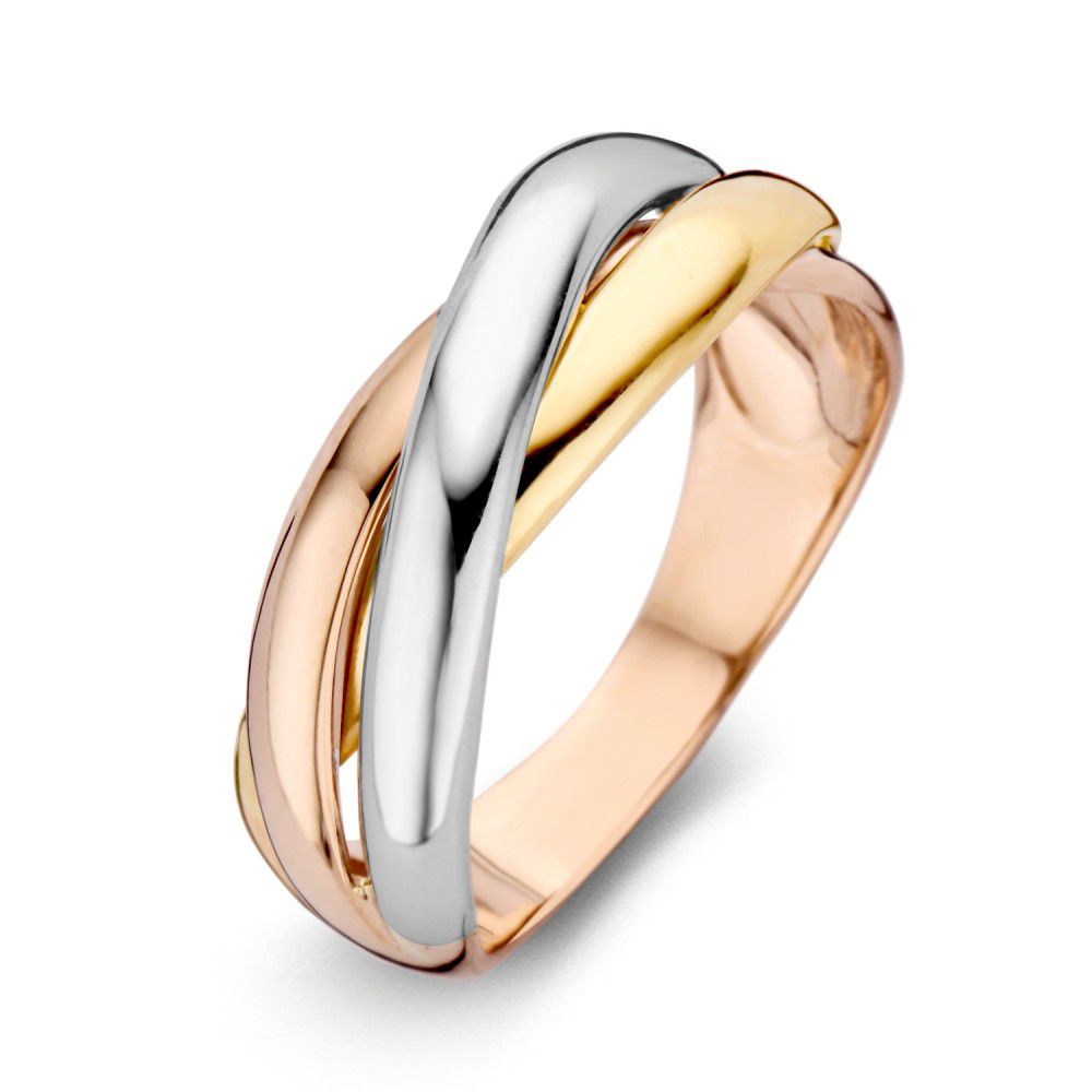 Anello da donna in oro 14 carati tricolore, con finitura lucida e design intrecciato.