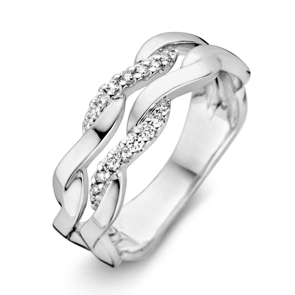 Anello in oro bianco 14 carati con brillanti da 0,15 carati, design intrecciato.