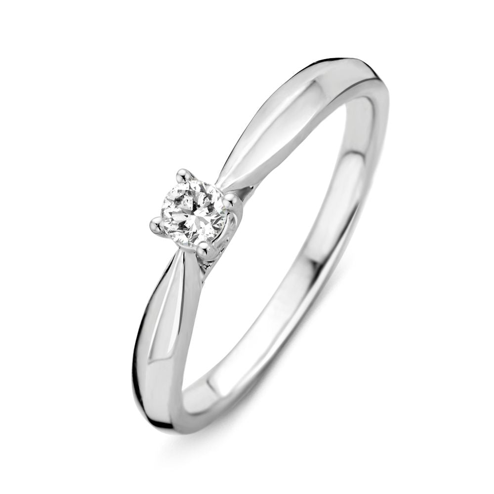 Anello in oro bianco 14 carati con diamante, design elegante e forma sinuosa.