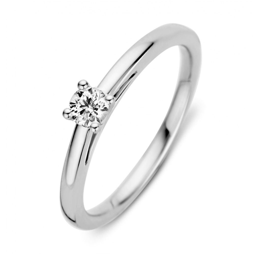 Anello in oro bianco con diamante brillante di 0,19 carati.
