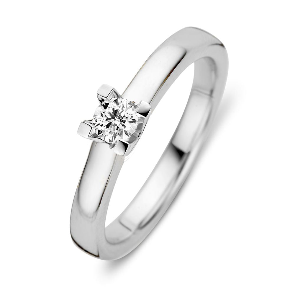 Anello in oro bianco 14 carati con diamante brillante di 0,19 carati e design moderno.