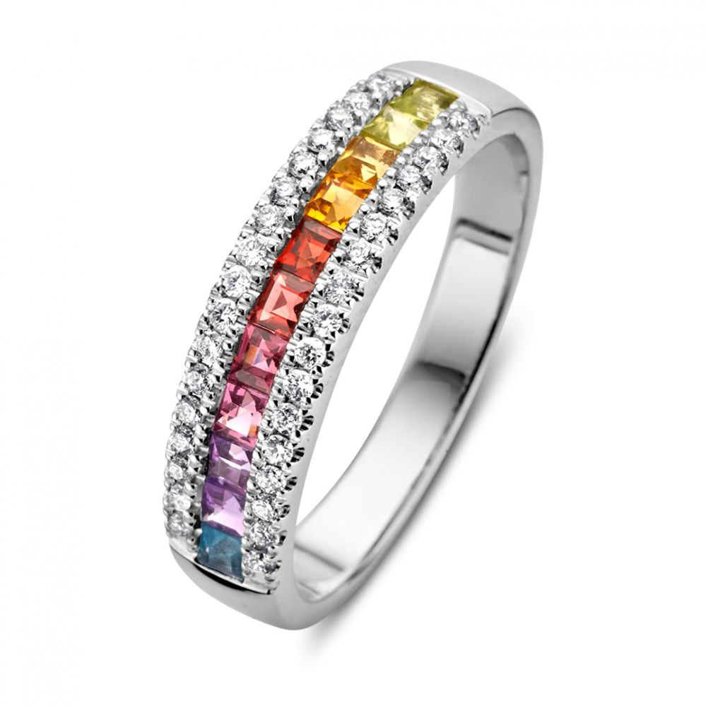 Anello in oro bianco 14 carati con pietre preziose arcobaleno e diamanti brillanti da 0,23 carati.