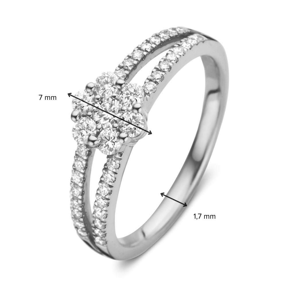 Elegante Anello in Oro Bianco con Brillante in Montatura Quadrata e Diamanti Fluttuanti 0,55 crt.