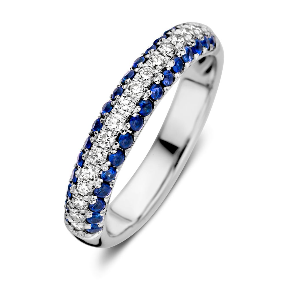 Anello in oro bianco da donna con brillanti e zaffiri in pavé.