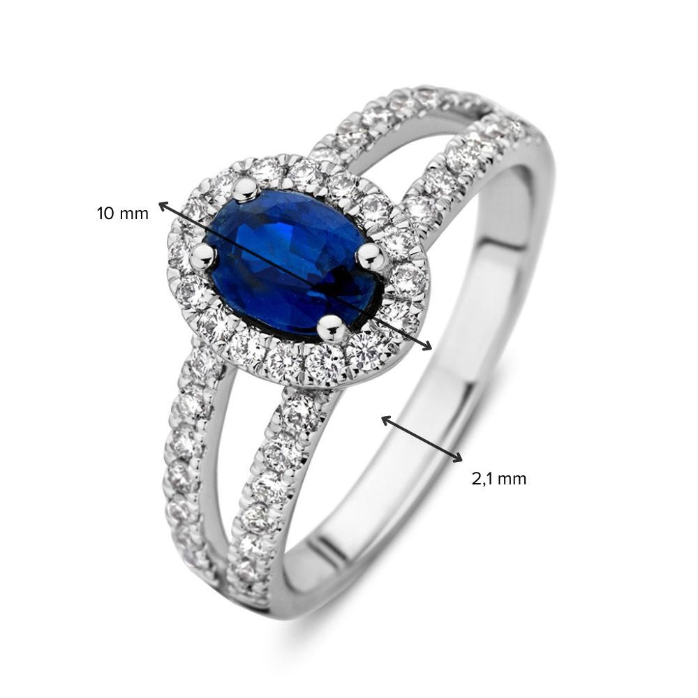 Anello in Oro Bianco con Zaffiro Blu Ovale, Diamanti Entourage, 14 Carati, 1.02 crt Zaffiro, 0.50 crt Diamanti