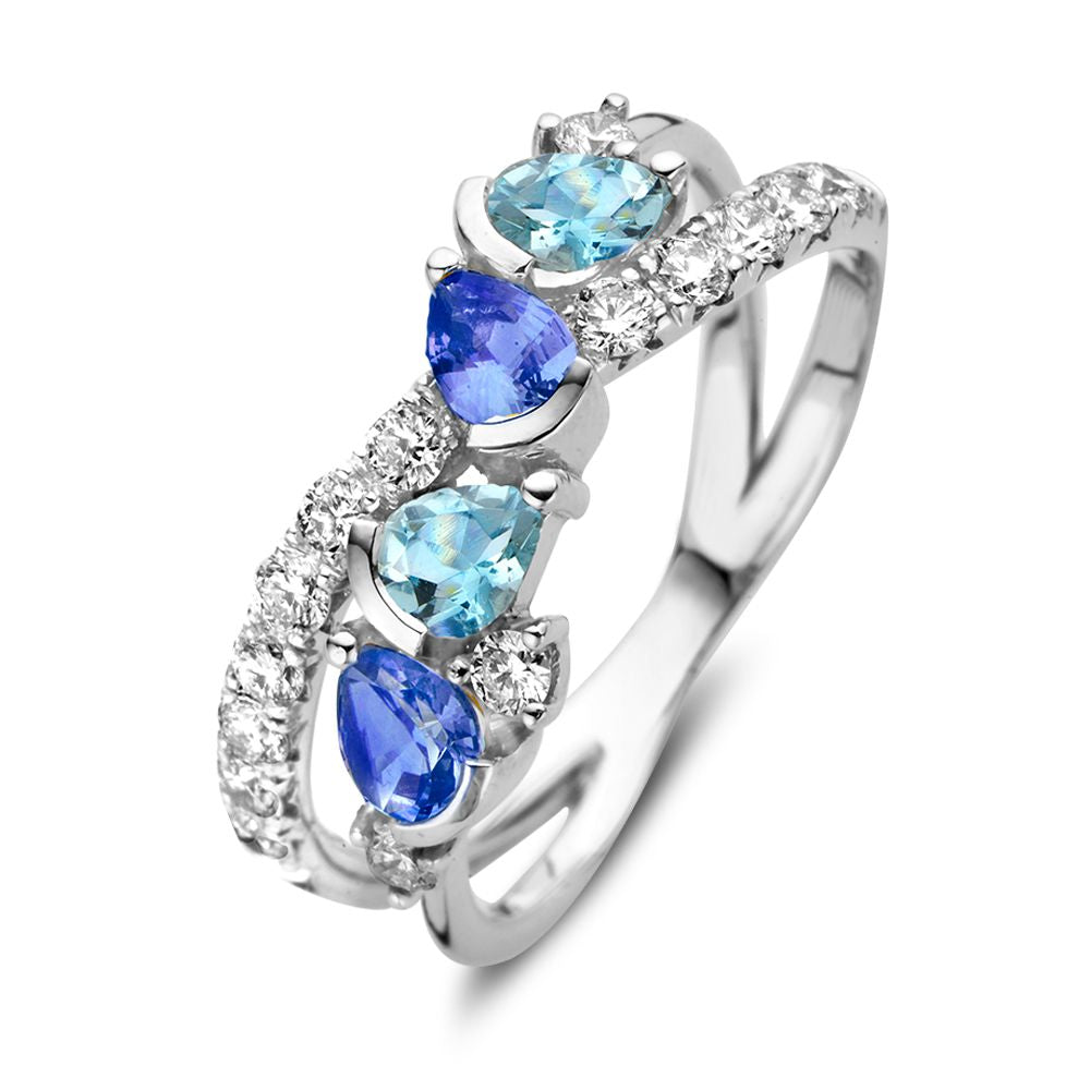Anello in oro bianco 18kt con zaffiro blu a goccia, acquamarina a goccia e diamanti da 0,50 ct.
