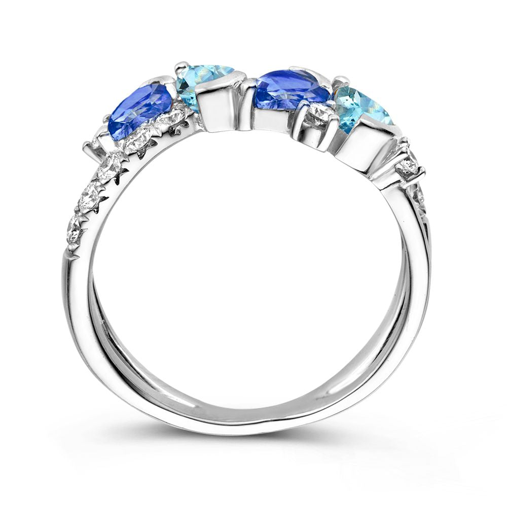Anello in Oro Bianco 18kt con Zaffiro Blu Taglio a Pera, Acquamarina e Diamanti 0,50ct