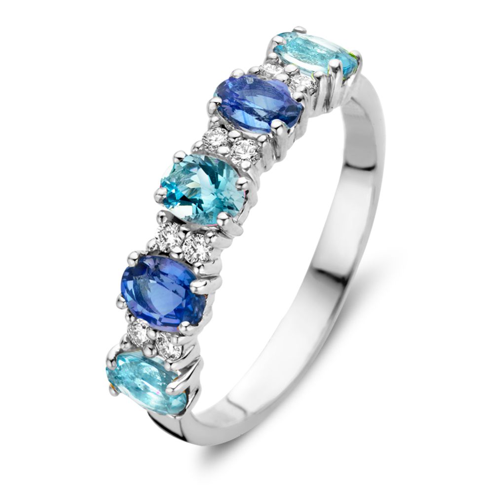 Anello in oro bianco 18kt con zaffiri ovali, acquamarine e diamanti da 0,12 ct.