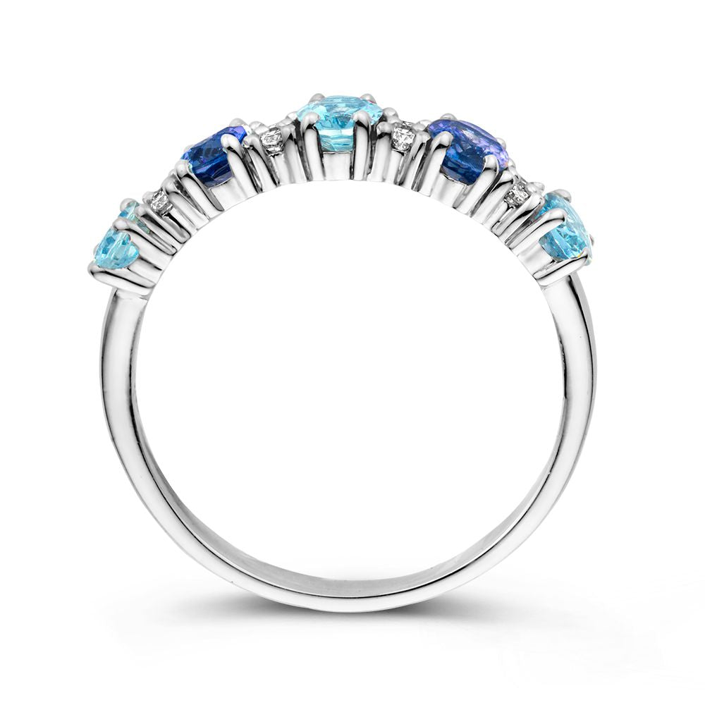 Anello in Oro Bianco 18kt con Zaffiri Ovali, Acquamarine e Brillanti da 0.12ct