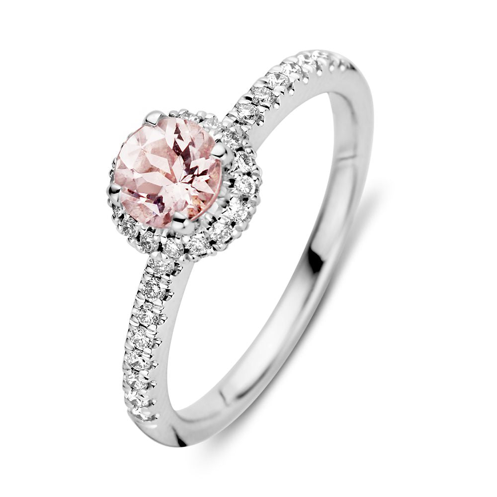 Anello in oro bianco elegante con morganite e diamanti taglio brillante – 0,32 carati.
