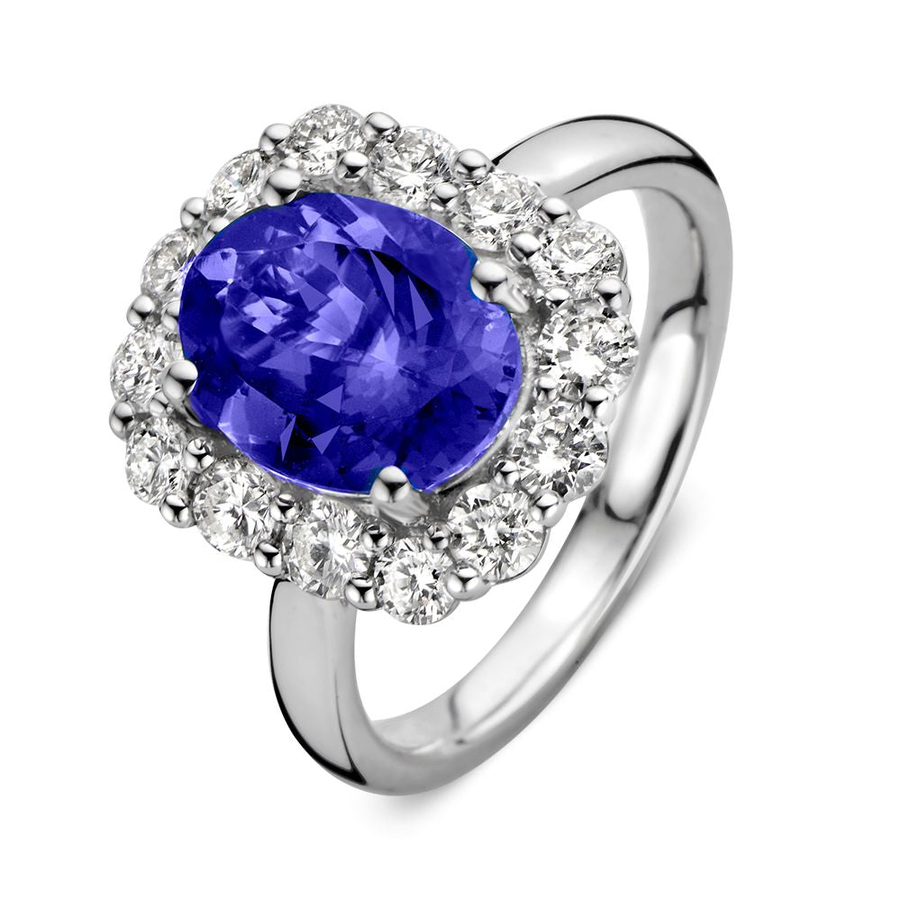 Anello in oro bianco con tanzanite da 2,80 carati e halo di diamanti.