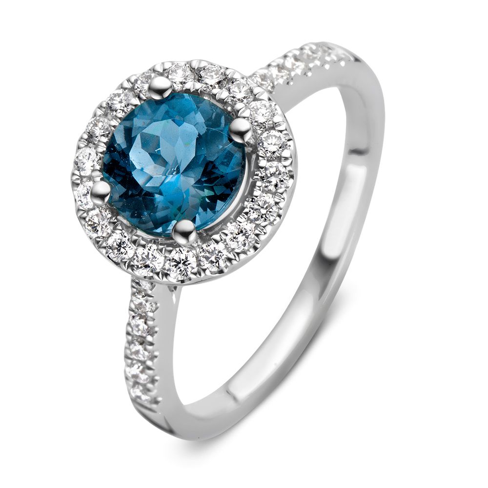 Anello in oro bianco elegante con topazio blu di Londra da 1,52 carati e diamanti da 0,40 carati.