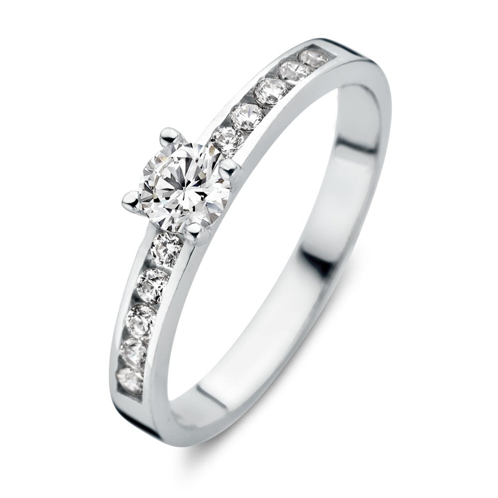 Anello in oro bianco da donna con zircone, design sottile e elegante.