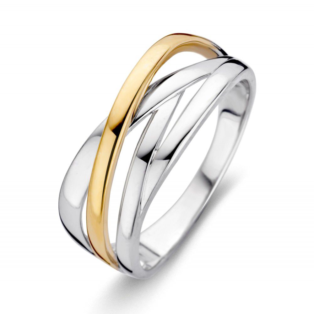 Anello da donna in argento con dettagli in oro giallo a 14 carati, design intrecciato.