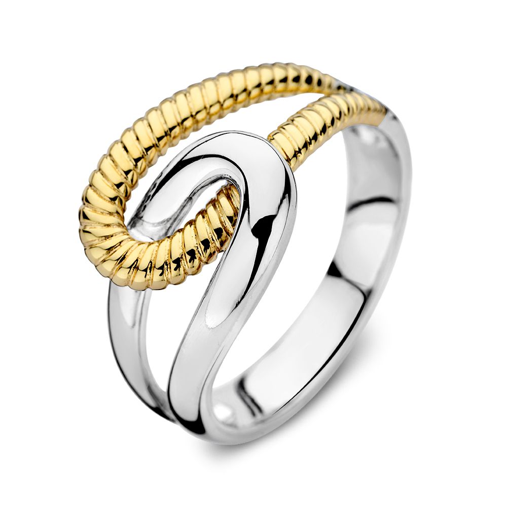 Anello da donna in argento con banda dorata intrecciata in oro a 14 carati.