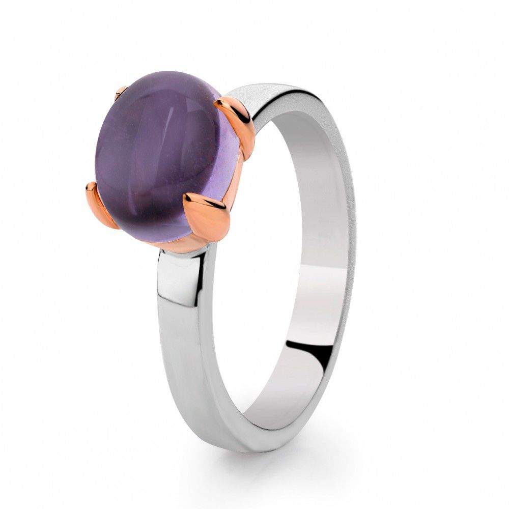 Anello in argento rodiato con montatura in oro rosa 14 carati e ametista viola.