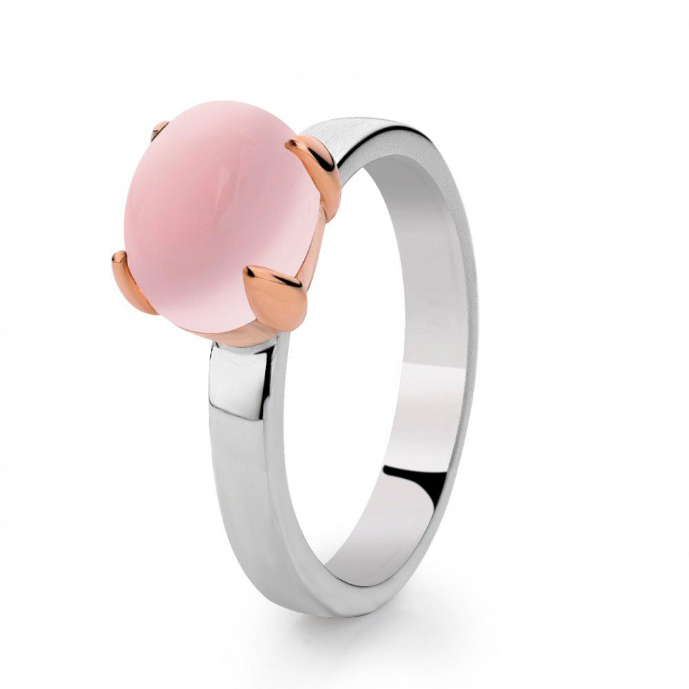 Anello in argento rodiato con montatura in oro rosa 14 carati e pietra di quarzo rosa.