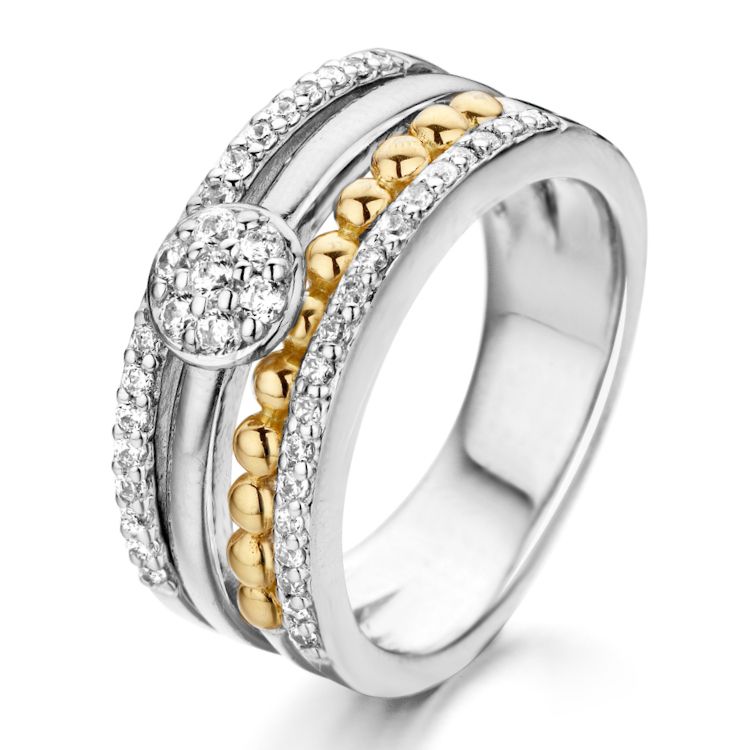 Anello da donna in argento con dettagli in oro giallo e zirconi, design a strati.