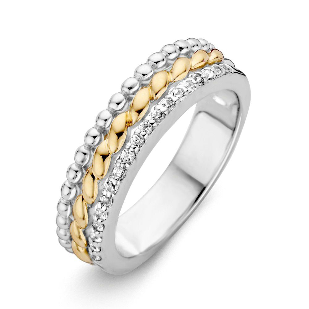 Anello in argento rodiato con dettagli in oro 14 carati e zirkoni, larghezza 6,1 mm.