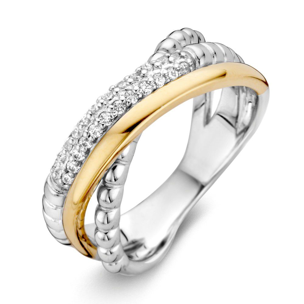 Anello da donna in argento rodiato con dettagli in oro 14 carati e zirconi, larghezza 8,3 mm.