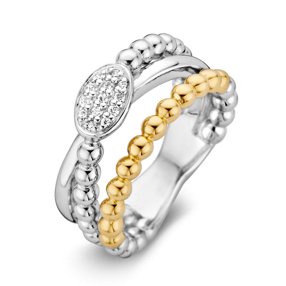 Anello da donna in argento rodiato con dettagli in oro giallo e zirconi.