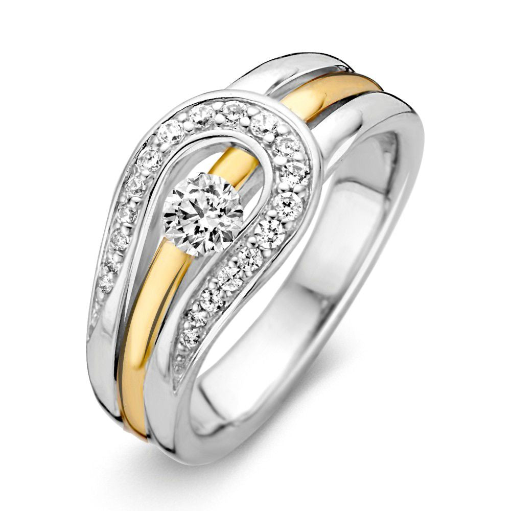 Anello da donna in argento rodiato con dettagli in oro 14 carati e zirconi.