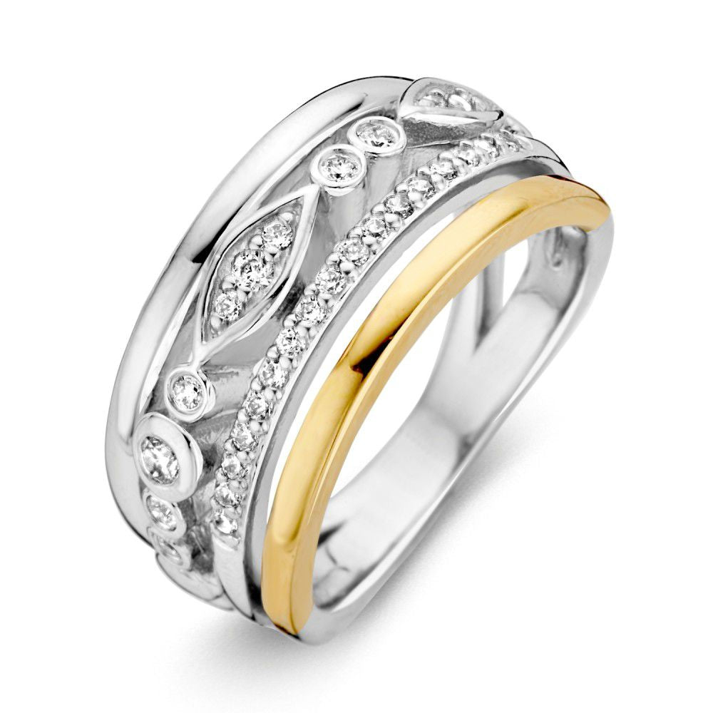 Anello da donna in argento rodiato con dettagli in oro 14 carati e zirconi.