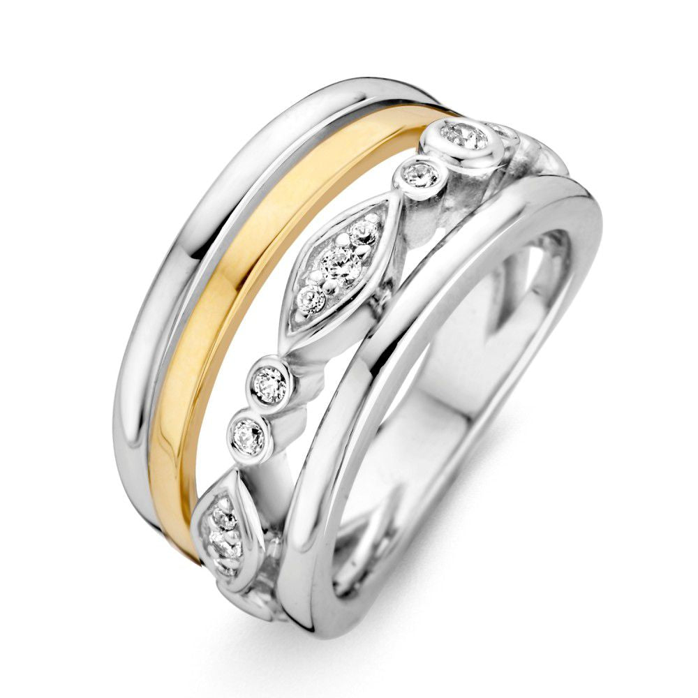 Anello da donna in argento con fascia in oro giallo a 14 carati e zircone.