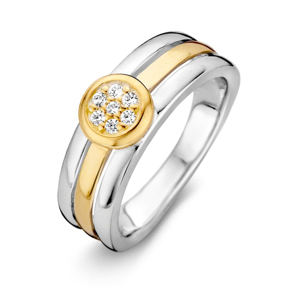 Anello in argento rodiato con dettagli in oro 14 carati e zirconi.