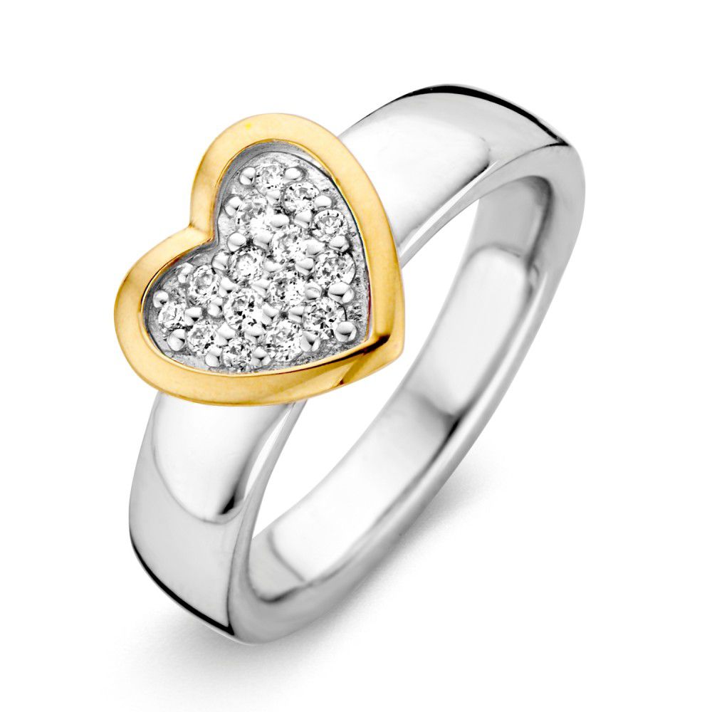 Anello da donna in argento con accenti in oro giallo a 14 carati e zirconi bianchi a forma di cuore.